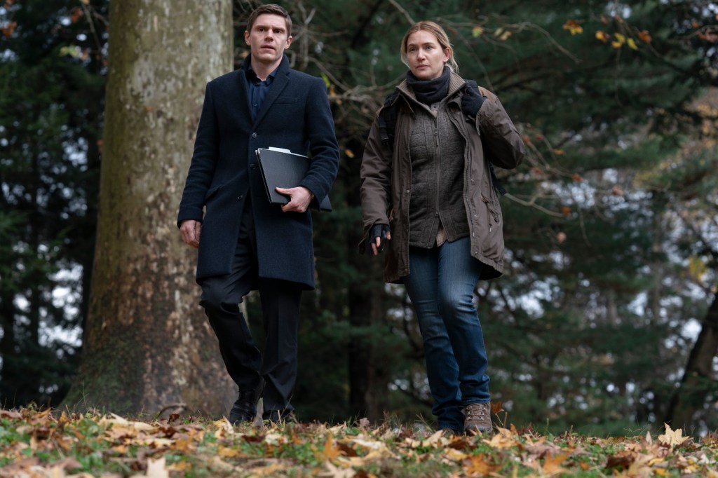 Evan Peters and Kate Winslet on location in Mare of Easttown