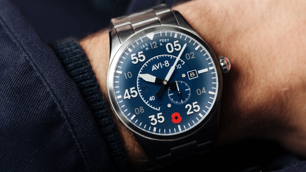 Close up of AVI-8 Royal British Legion Spitfire watch worn on a wrist