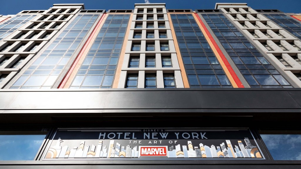 The outer fscia of the Disney’s Hotel New York with Art of Marvel branding
