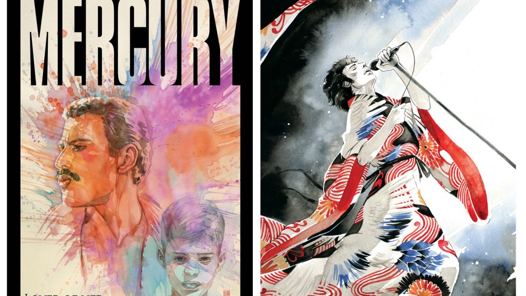 The cover and interior painted art of the Freddie Mercury graphic novel