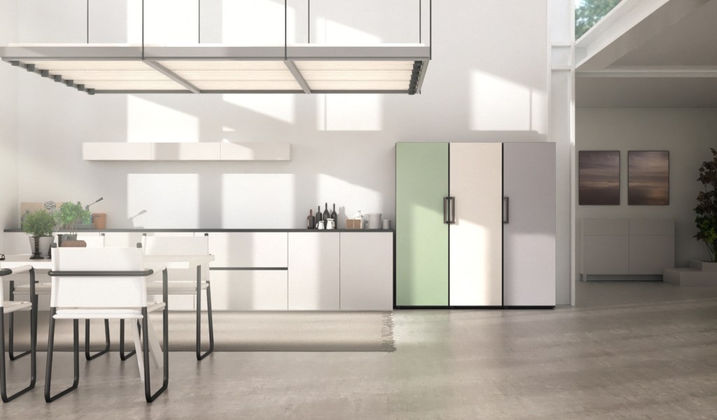 The LG Object Fridge and Freezer collection in mint in an open plan kitchen