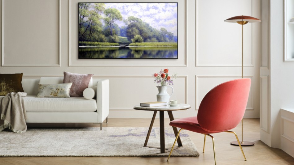 LG G1 OLED Evo TV on a wall in an upmarket lounge