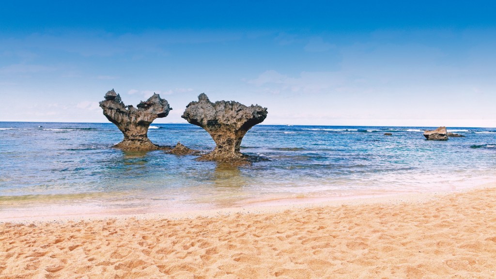 Heart-shaped rocks in the sea at Kouri island