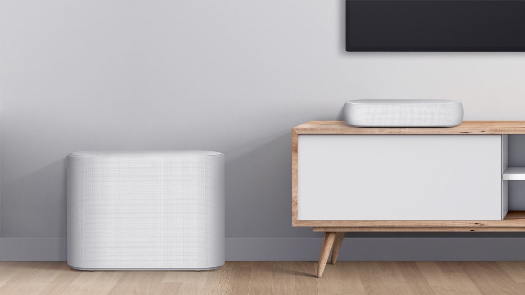 Lg Ecl;air soundbar and subwoofer in a minimalist living room