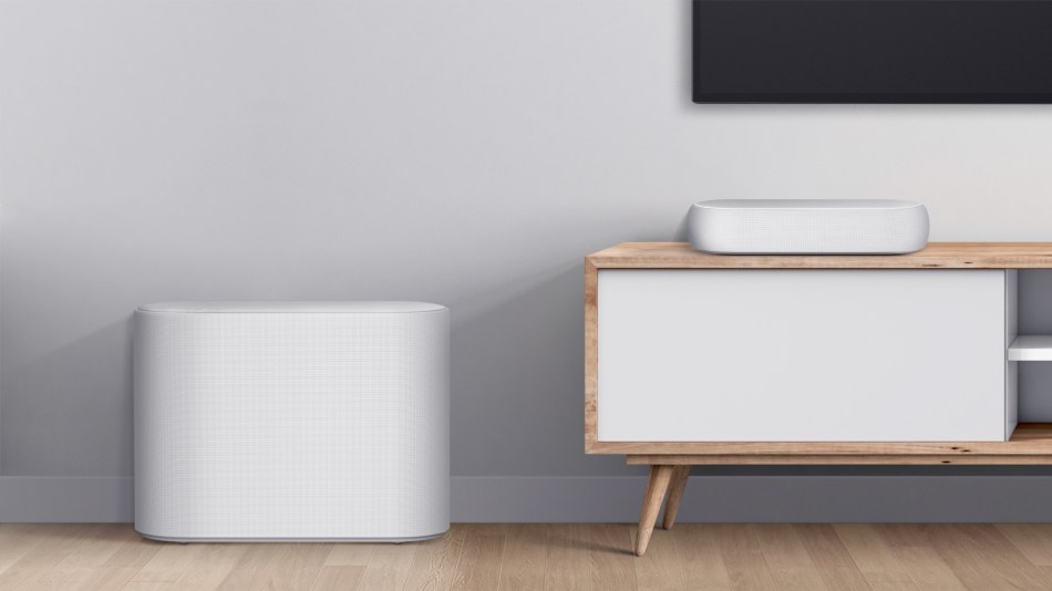 Lg Ecl;air soundbar and subwoofer in a minimalist living room