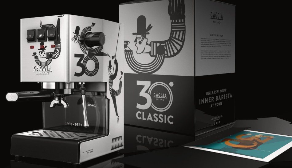 Gaggia Classic 30 anniversary edition espresso maker with box and art print