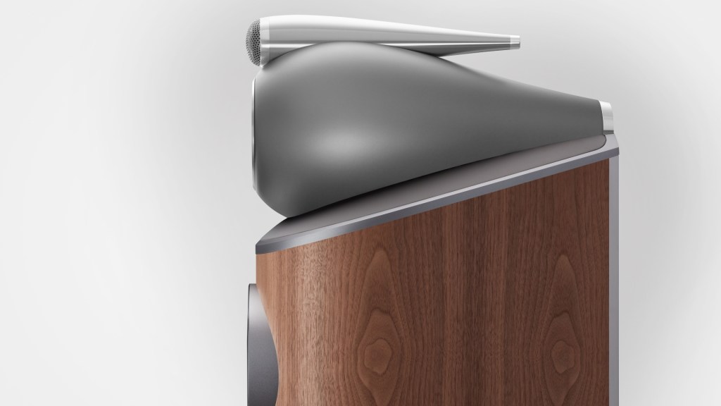 A profile view of the Bowers and Wilkins 803 D4 Satin Walnut speaker