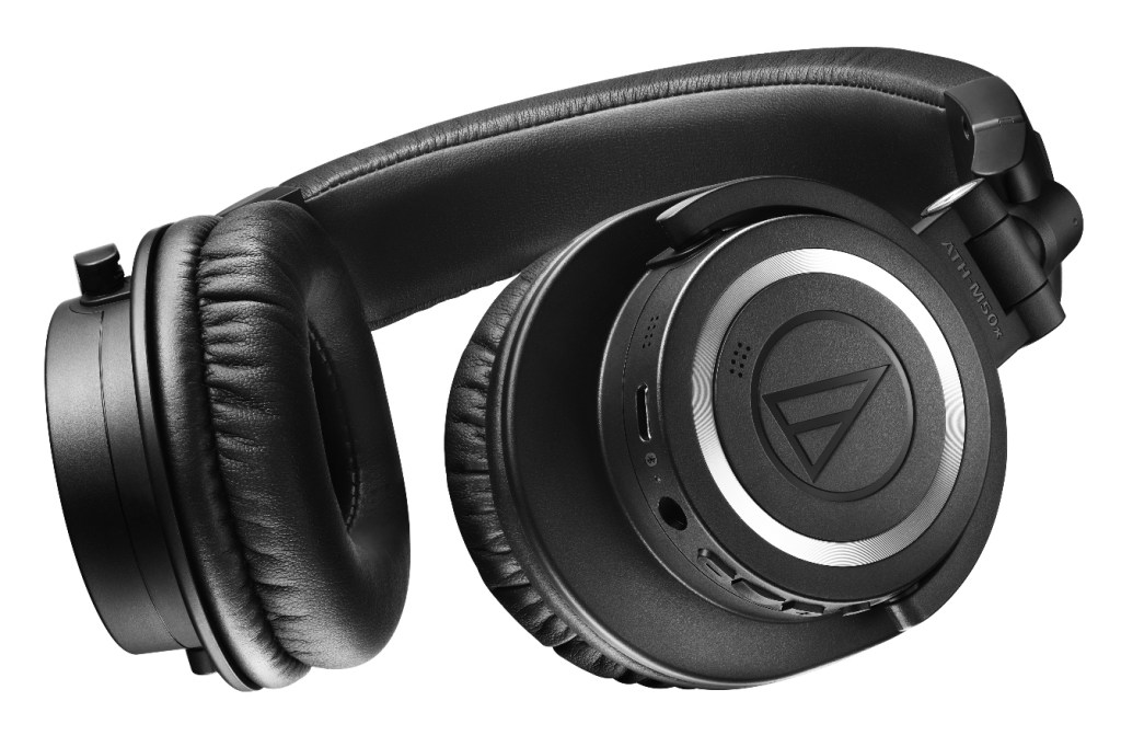 A big close-up of Audio Technica ATH-M50xBT2 headphones