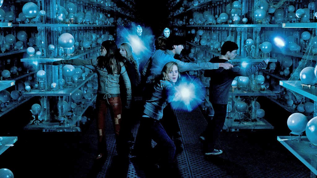 Harry Potter and his friends cast spells in a scene from The Order of the Phoenix