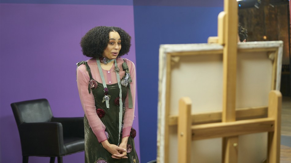A celebrity reacts at her portrait in Portrait Artist of the Year season 8