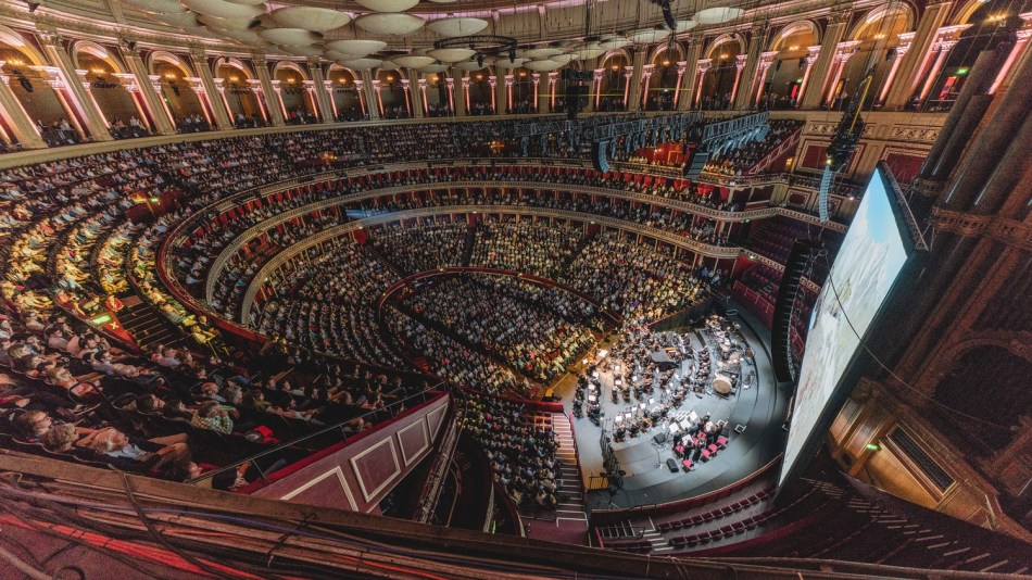 A stunning view of the Royal Albert Hall auditorium with ginat cinema screen