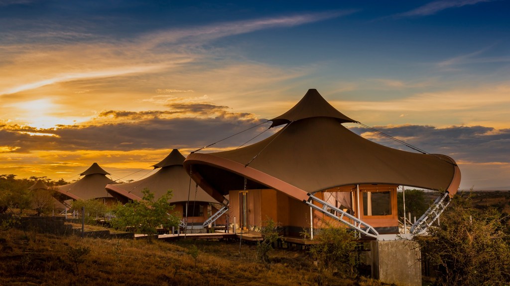 The mahali mzuri camp at sunset on the Kenyan plains