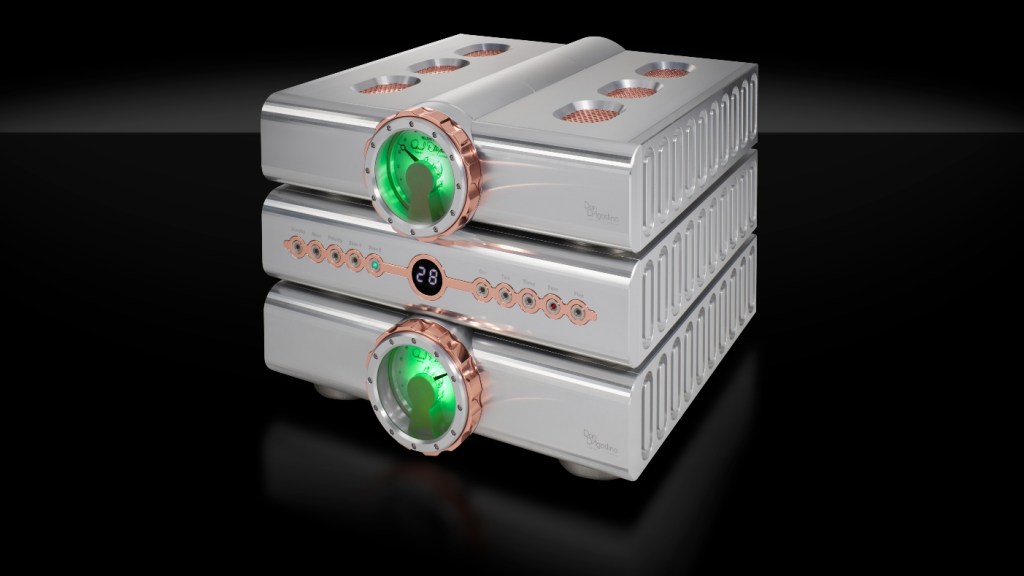 Dan D'Agostino Relentless Preamplifier in silver on a black background