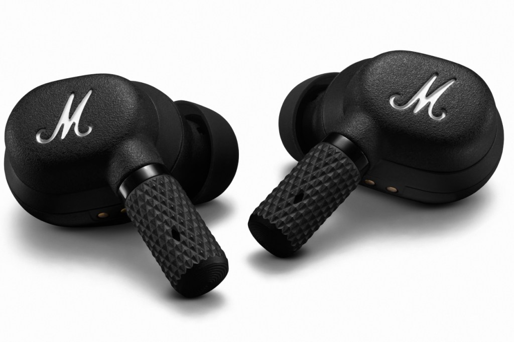 A big close up of the Marshall Motif ANC earbuds showing fine detail