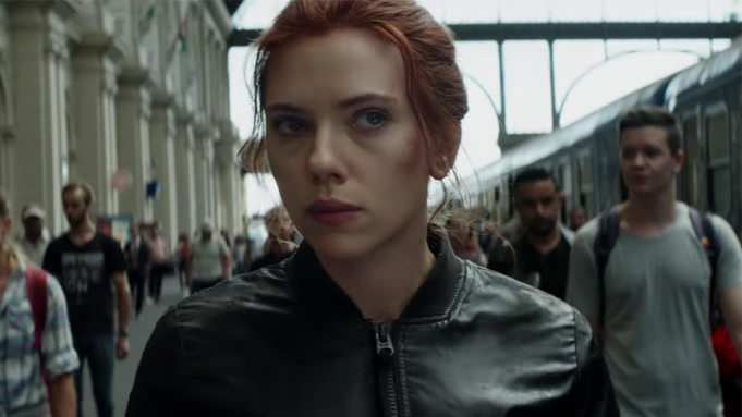 Scarlett Johansson boards a train in Black Widow