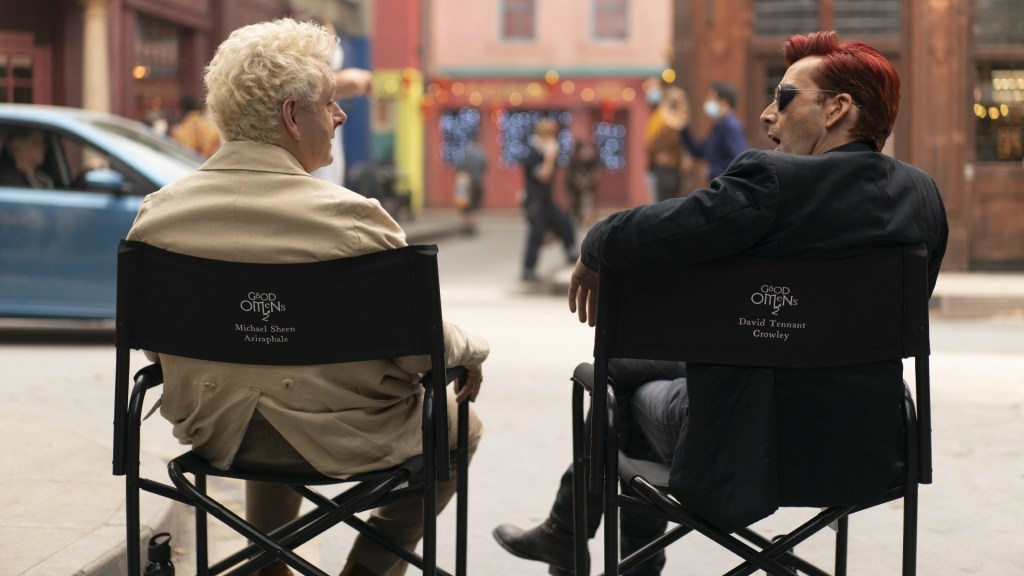 Michael Sheen and David Tennant chat on the set of Good Omens 2