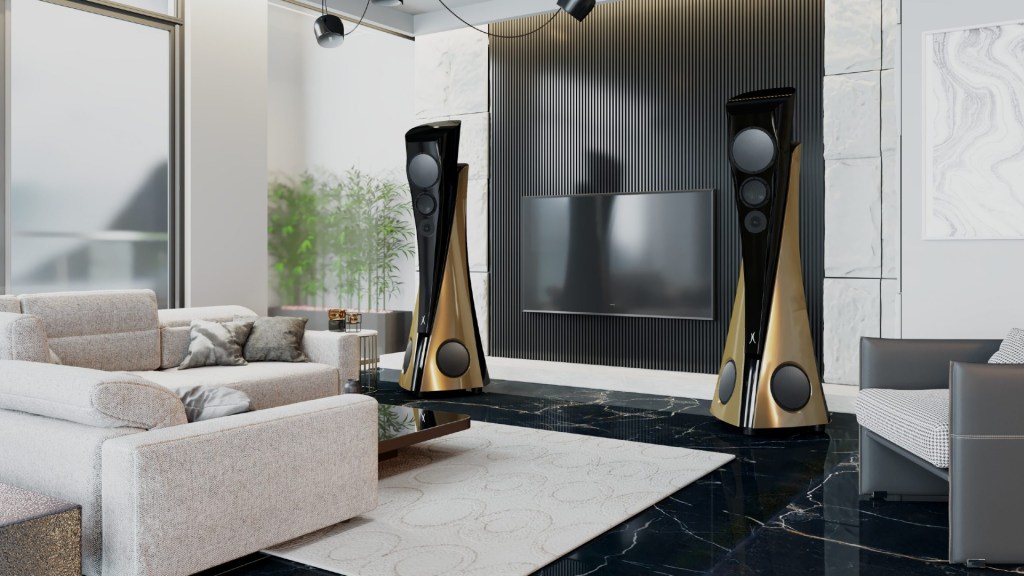 Estelon Extreme MKII speakers flank a TV in a stunning modern interior