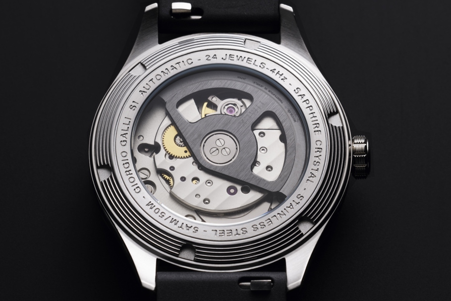 A close up of the Timex Giorgio Galli S1 38 Automatic case back