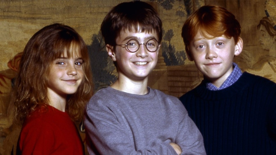 Daniel Radcliffe, Rupert Grint and Emma Watsonon the set of the first Harry Potter film