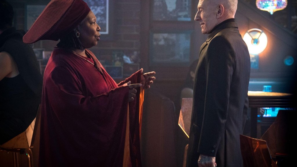 Whoopie Goldberg and Patrick Stewart meet in a scene from Star Trek Picard S2