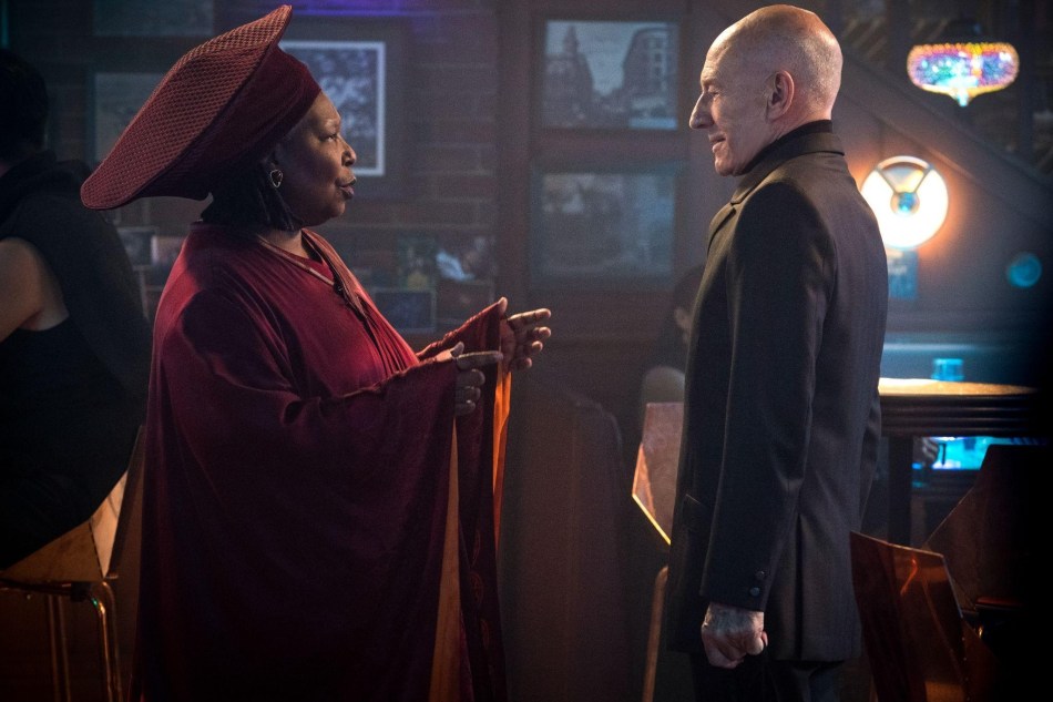 Whoopie Goldberg and Patrick Stewart meet in a scene from Star Trek Picard S2