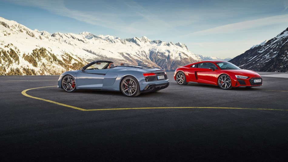 Audi R8 V10 Performance and Coupe parked in the mountains