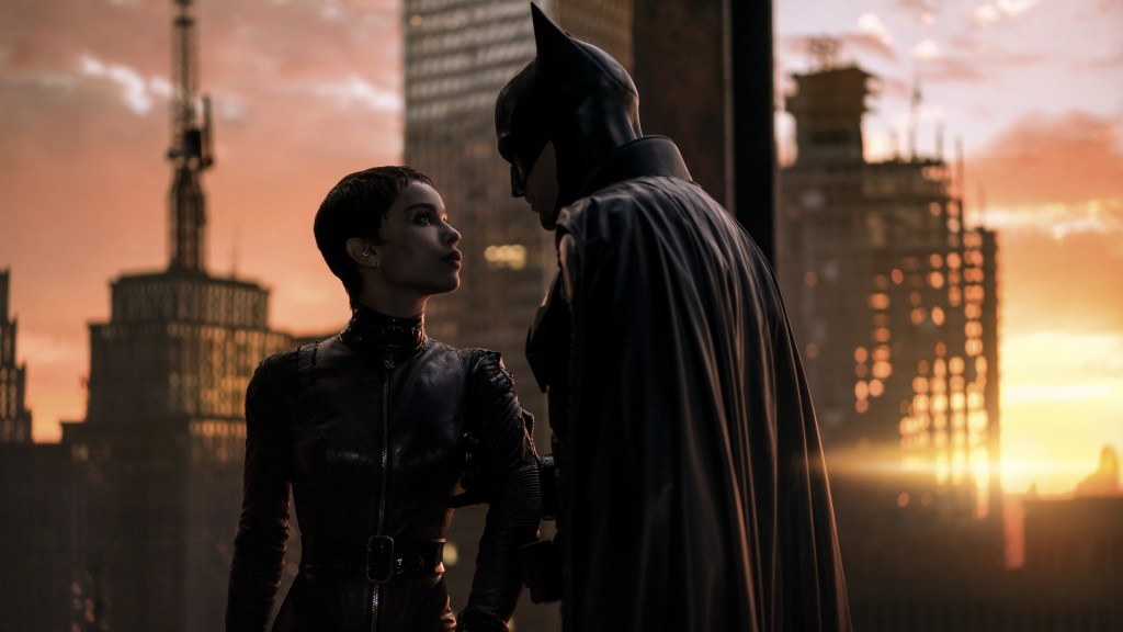 Zoë Kravitz and Robert Pattinson in costume in The Batman