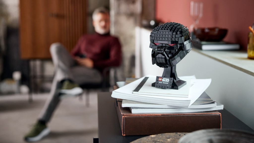 Star Wars Dark Trooper helmet on display