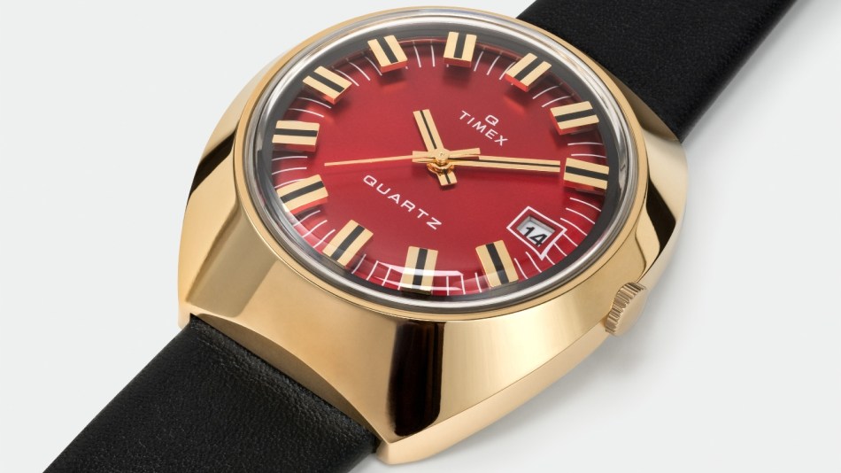 A close-up of the dial on the Timex Q Collection 1972 reissue watch