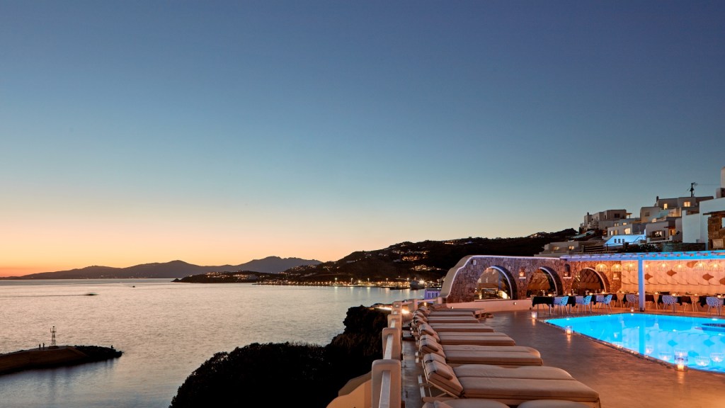 Sunset view overlooking Mykonos from the Kouros Hotel