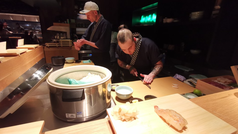 Chef Mattia slices fish at Sushi on Jone London