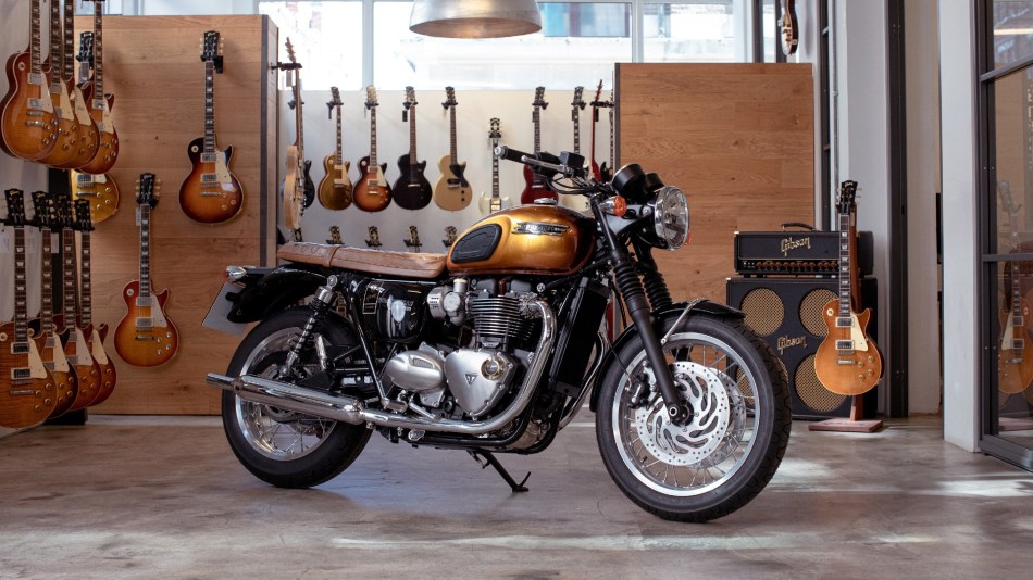 Triumph Bonneville T-120 Gibson custom edition parked in the Gibson showroom