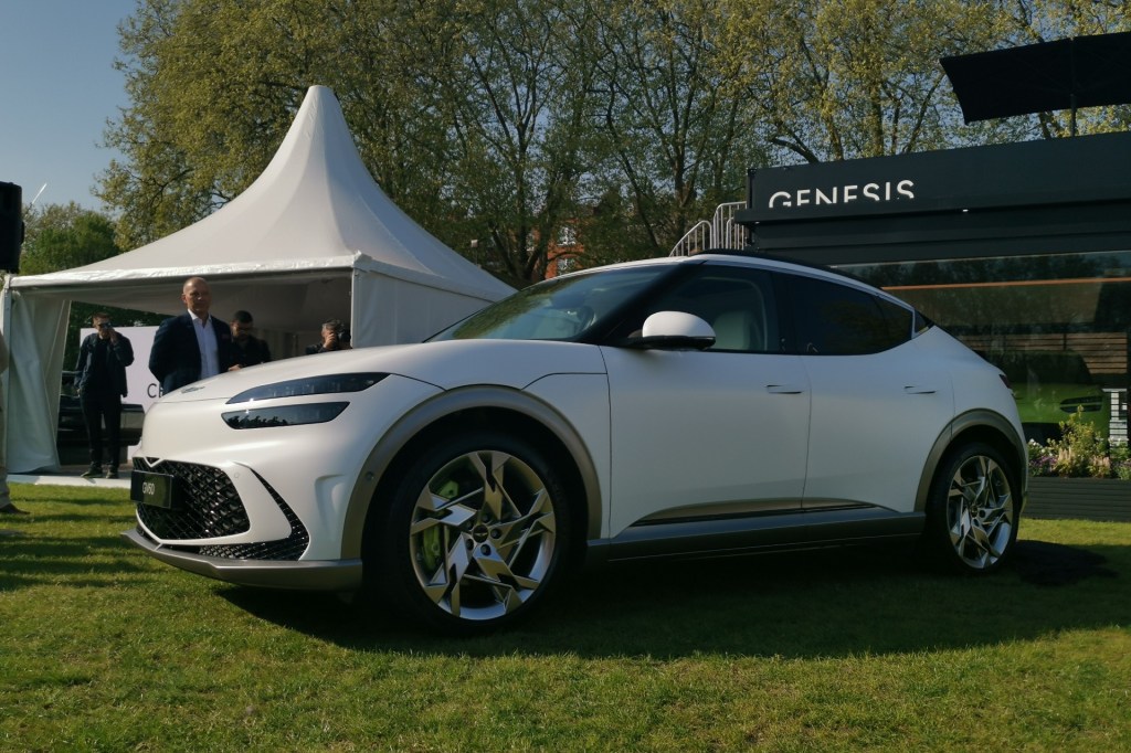 The Genesis GV60 in white livery unveiled at Salon Prive