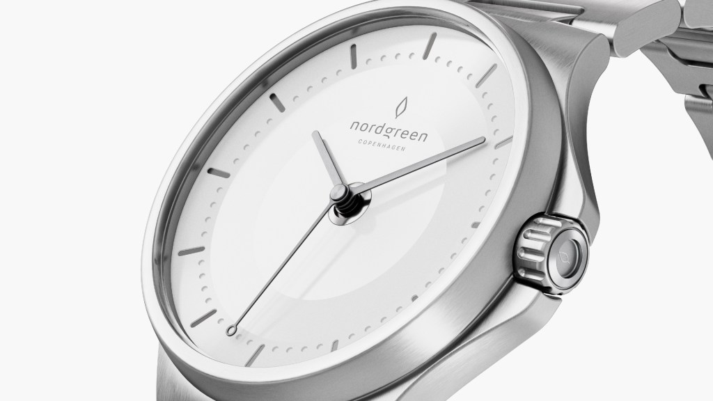 A side view of the Nordgreen Guardian watch, with its plain white dial