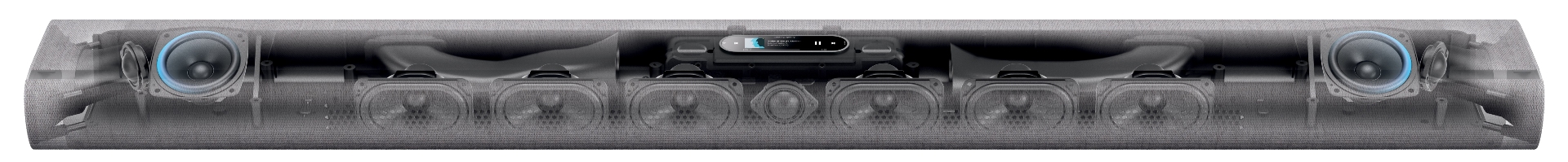 All 11 drivers in the Harman Kardon MB 1100 soundbar are revealed in this cutaway image