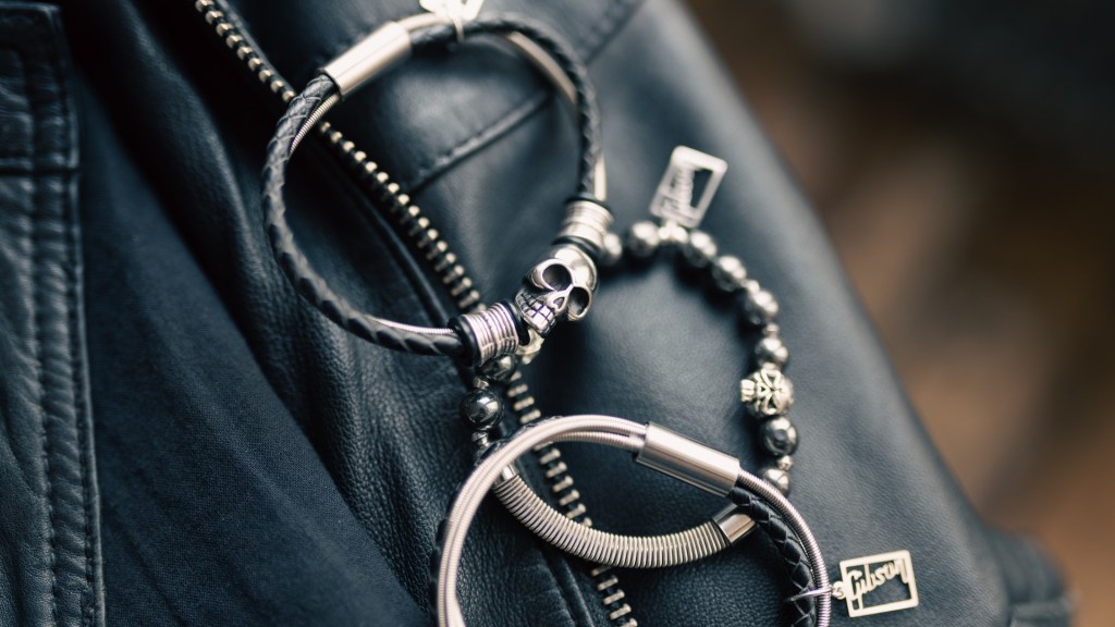 Gibson bracelet jewellery from guitarwrist on a leather jacket