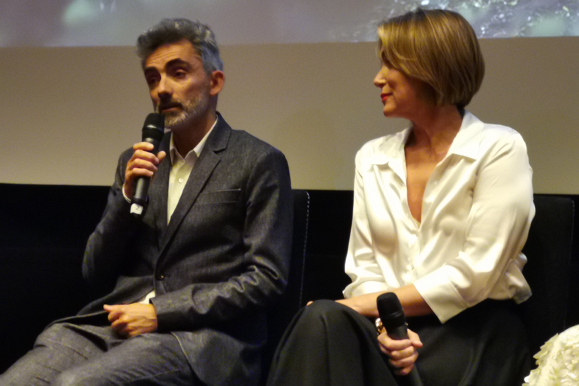 David Farr sits next to Keeley Hawes at a London Q & A for Th