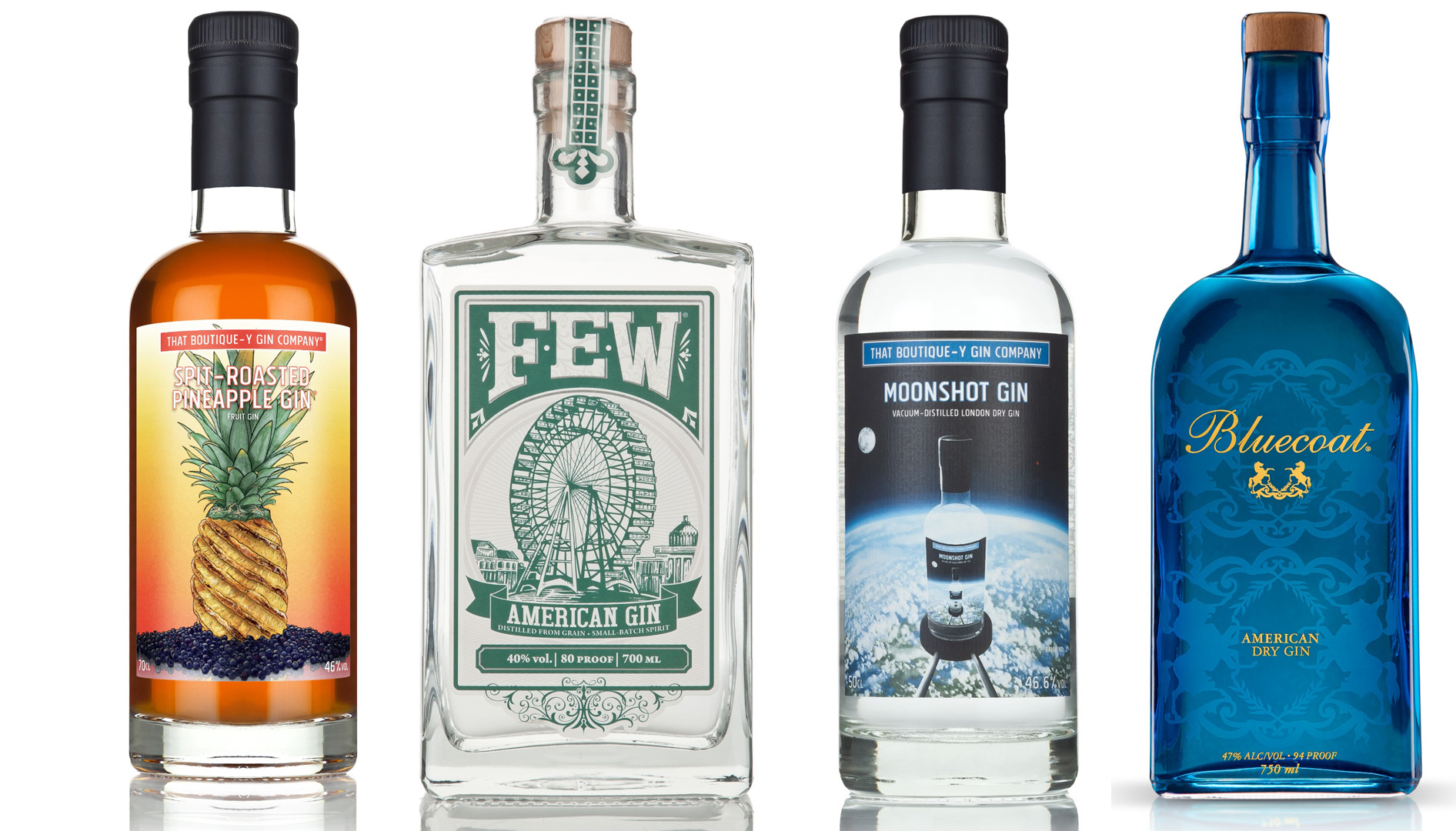 Four bottles of gin against a white background
