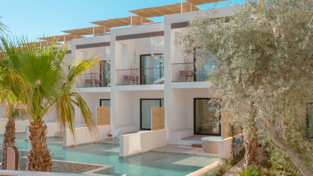 An exterior view of the rooms at TRS Ibiza, come with private pools