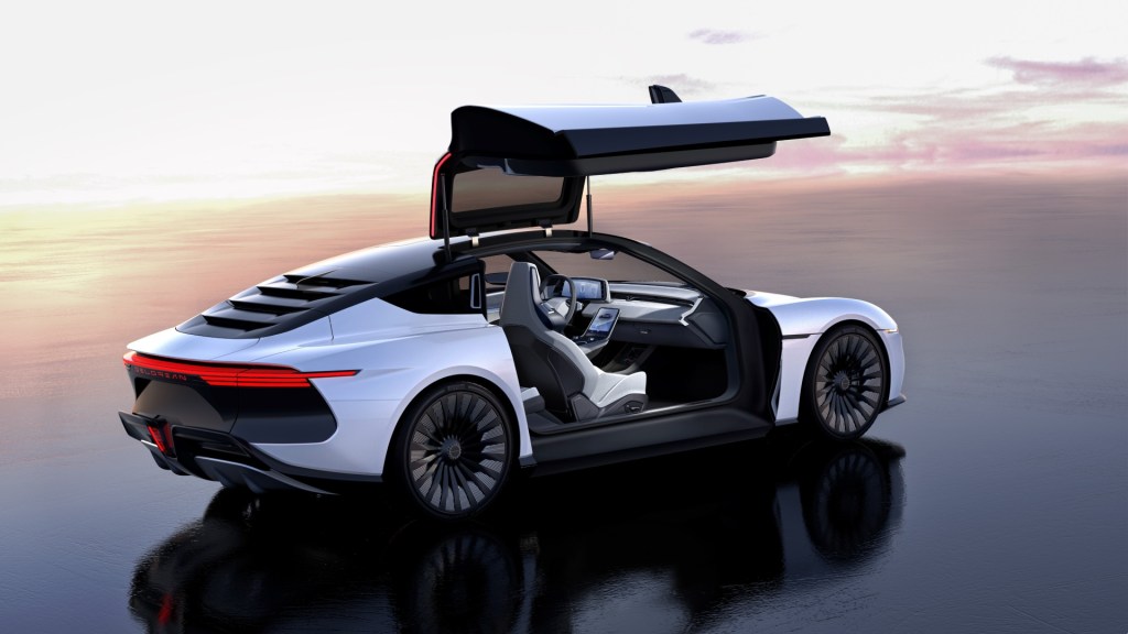 DeLorean Alpha 5 concept car with gull wing doors open