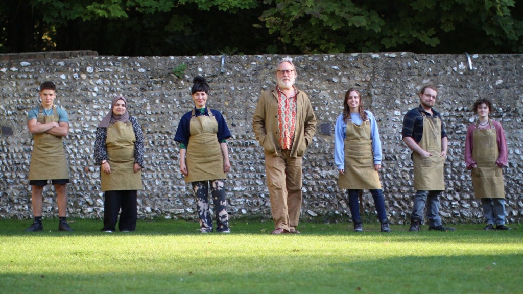 Jim Moir, hands in pockets, with contestants for the Sky Arts TV show The Prince’s Master Crafters