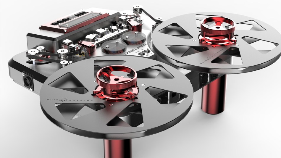 Metaxas & Sins TR-X Tourbillon reel-to-reel tape machine up close, all silver and red metal