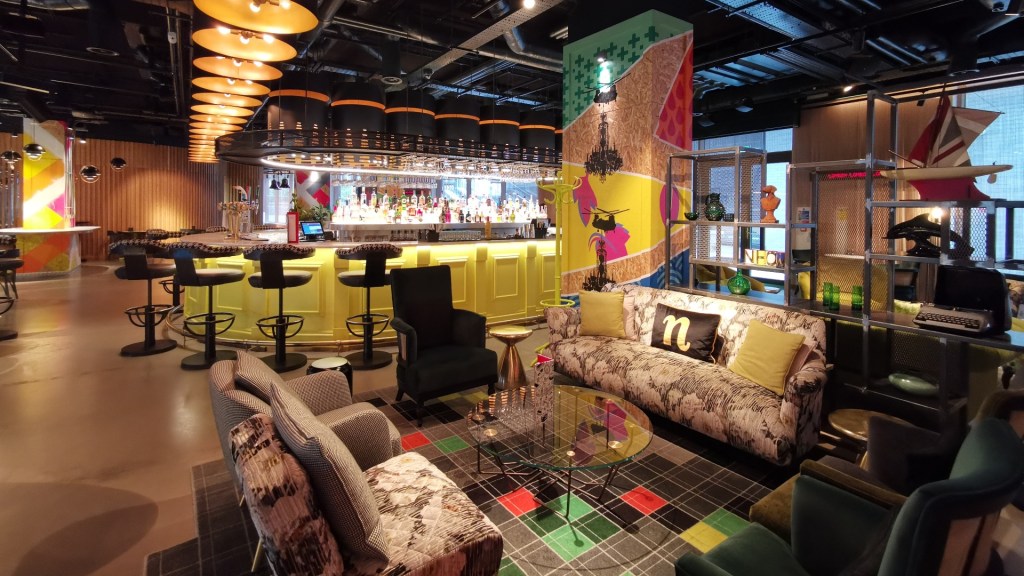 The bar and open plan foyer is an explosion of colour at nHow London