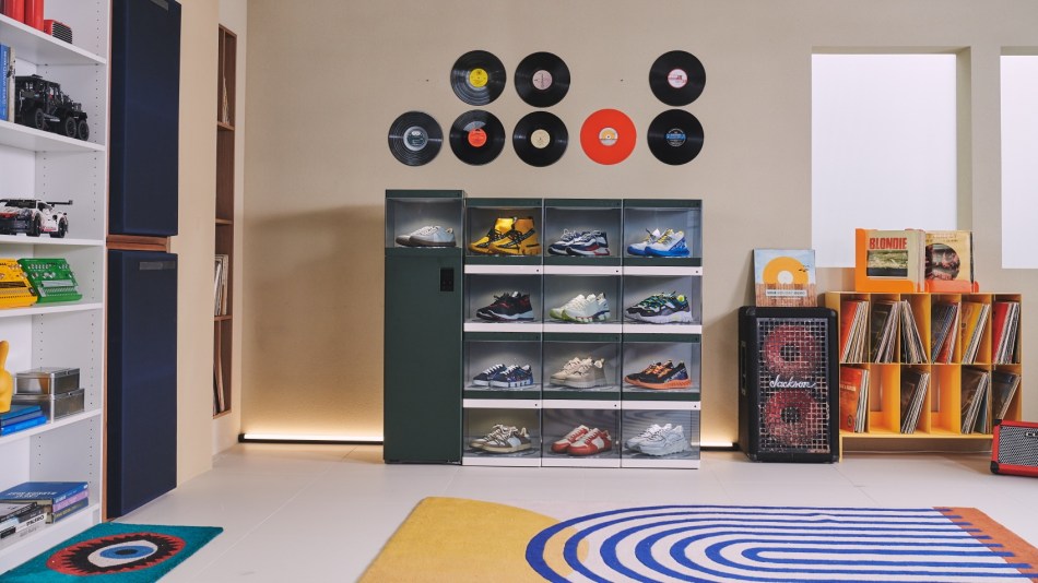 The LG ShoeCase and ShoeCare system in what appears to be a teen bedroom