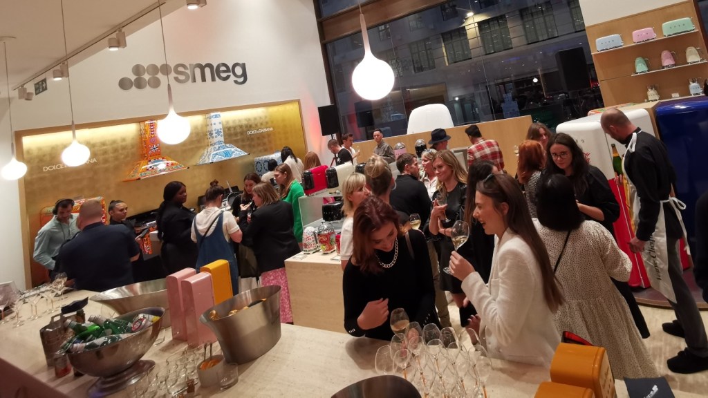 Media and influencers attend the launch of the Smeg Veuve Clicquot FAB fridges in the Smeg london showroom