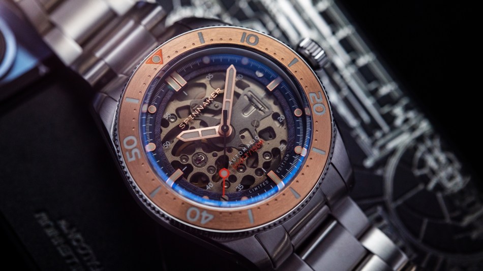 The Spinnaker Croft Mid-Size Skeleton watch up close