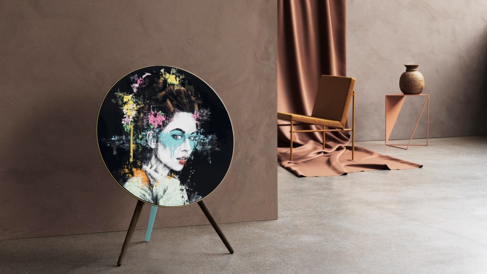 The Bang & Olufsen A9 speaker with limited edition Fin DAC artwork in a stylised room