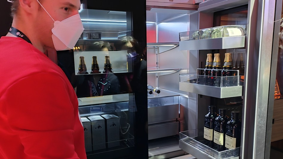 LG Signature fridge freezer with double InstaView doors on the brand's booth at CES 2023
