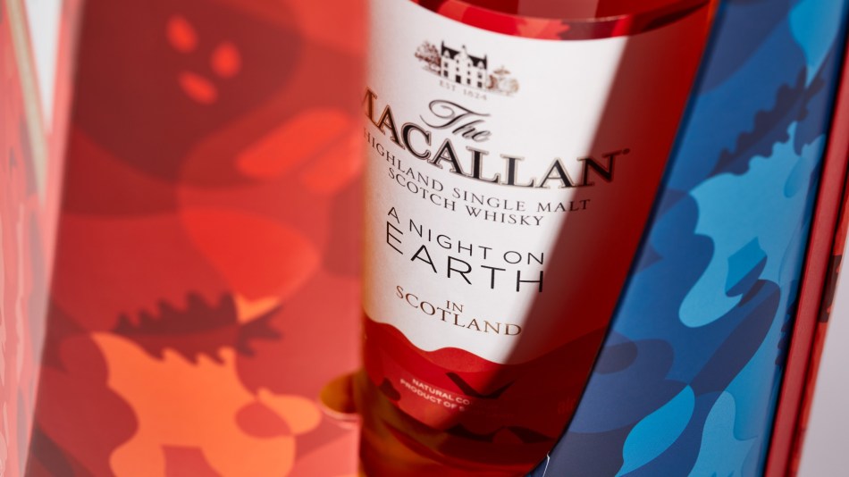 A close up of the label for The Macallan's A Night On Earth in Scotland whisky