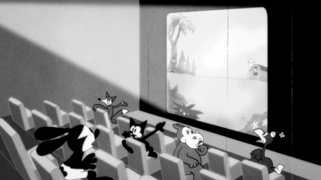 Oslwald the Luck Rabbit is sitting in a cinema with his cartoon friends